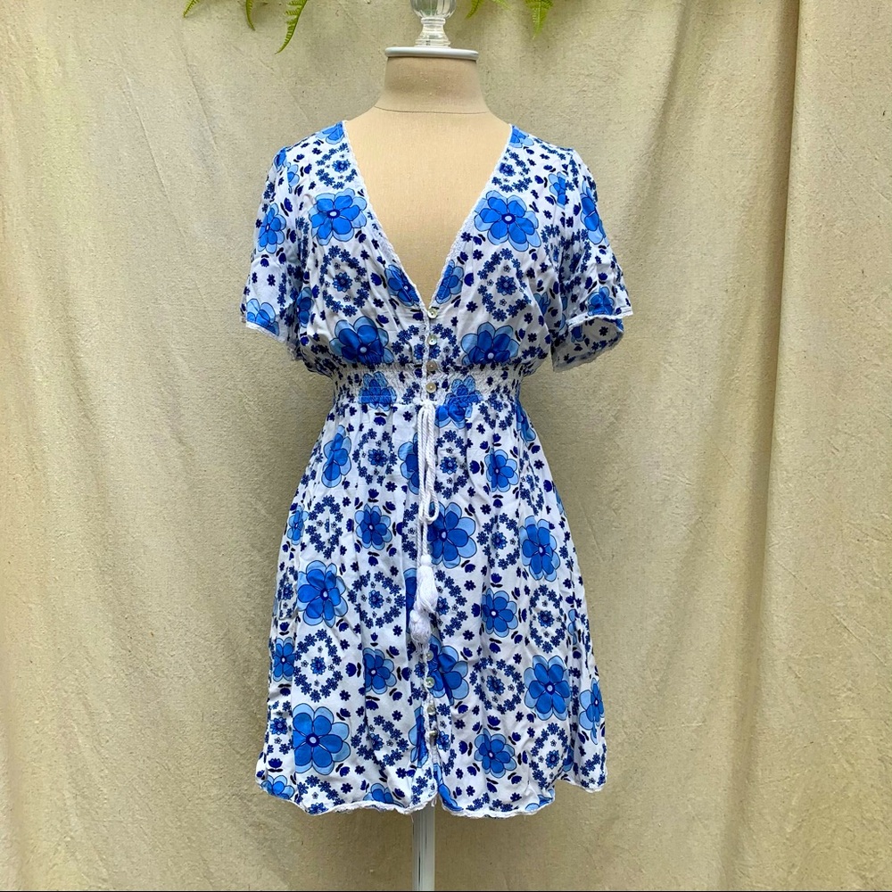 Blue & White Bold Floral Boho Summer Mini Dress